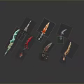 Colorful Fantasy Weapons Display With Multiple Decorative Blades And Intricate Designs