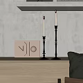 Two Black Candle Lamps With Metal Holders And Geometric Decor On Wooden Shelf Gray Wall