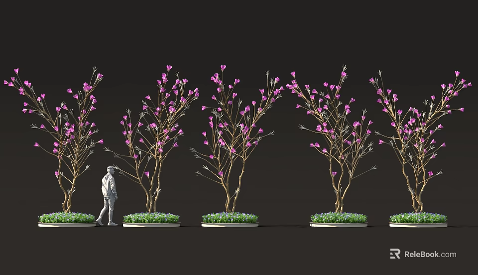 Person Standing Near Pink Flowering Trees With Green Lawn And Dark Background 3d model 