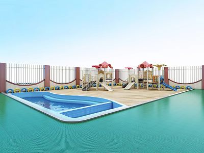 Outdoor Playground Equipment With Swimming Pool Green Surface White Fence Slides And Red Umbrellas 3d model