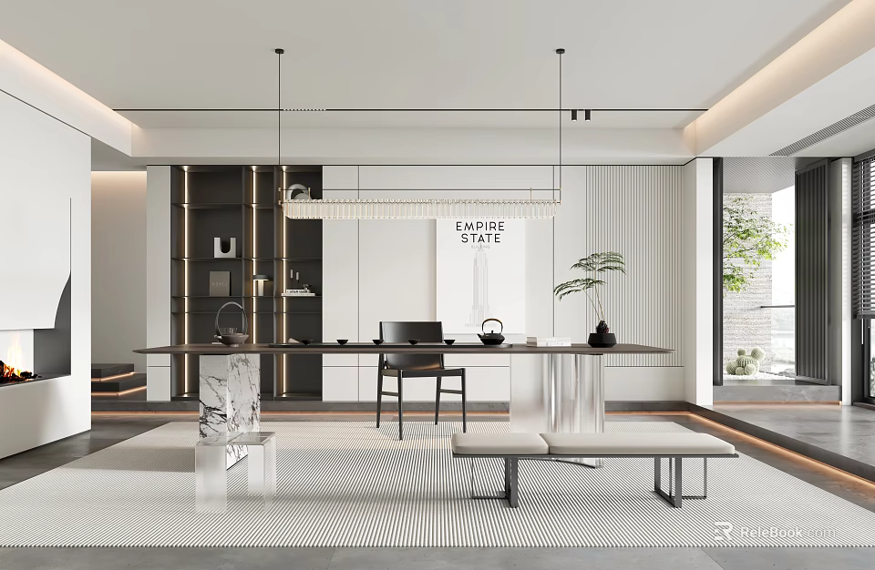 Modern Tea Room Interior Design With Long Table Chairs Pendant Lights And Plants 3d model 
