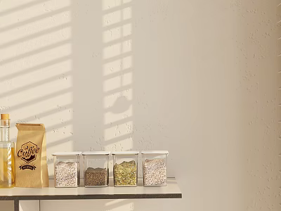 Transparent Kitchen Storage Jars with Grains and Ingredients on Shelf in Sunlight 3d model