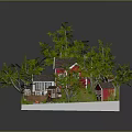 Miniature Model Scene With Red House Small Cabin Green Trees Wooden Steps And Pond
