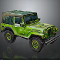 Green Custom Jeep With Open Top Large Off Road Tires And Unique Graphics
