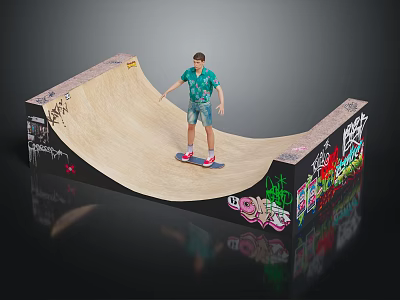 Young man skateboarding on wooden ramp with colorful graffiti art and casual outfit 3d model