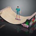 Young man skateboarding on wooden ramp with colorful graffiti art and casual outfit