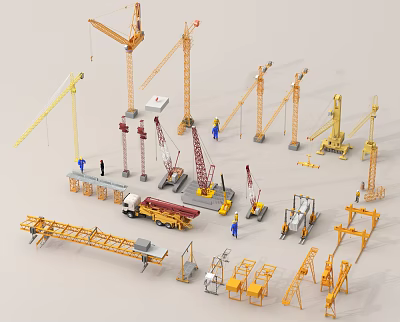 Industrial Equipment Featuring Cranes Trucks Construction Machinery and Workers on Site 3d model