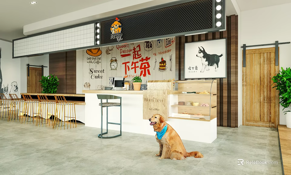 Cozy Cafe Interior With Golden Retriever In Blue Collar Wooden Counter And Decorative Wall 3d model 