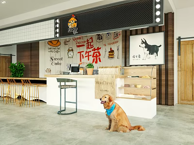 Cozy Cafe Interior With Golden Retriever In Blue Collar Wooden Counter And Decorative Wall 3d model