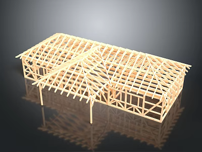 Wooden Frame Building Structure Model With Roof Trusses And Residential Design 3d model
