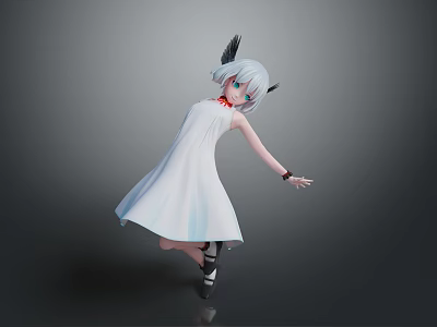 Anime Style Character In White Dress With Gray Hair And Black Horns Standing 3d model