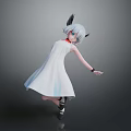 Anime Style Character In White Dress With Gray Hair And Black Horns Standing