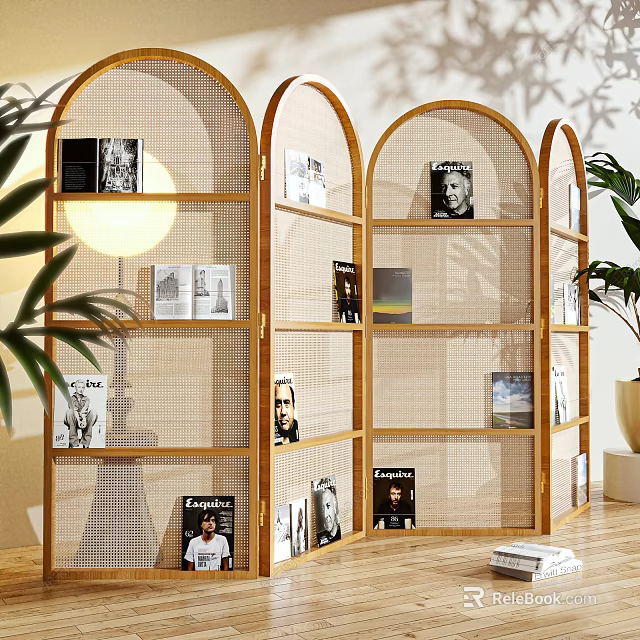 Modern Wooden Arched Room Divider With Mesh Panels And Displayed Magazines 3d model 