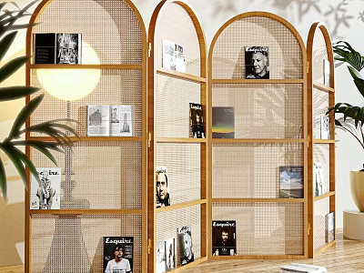 Modern Wooden Arched Room Divider With Mesh Panels And Displayed Magazines 3d model