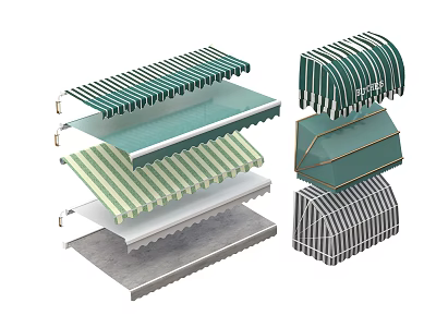 Different Styles of Outdoor Awnings with Striped Patterns and Folding Designs 3d model