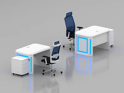 Modern Office Interior With White Desks Blue Lighting Drawer Cabinets And Ergonomic Chairs 3d model