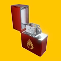 Red Box With Open Lid Featuring Silver Interior Mechanism And Gold Emblem On Yellow Background