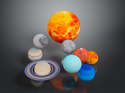 Vibrant Cosmic Landscape Featuring Sun Planets Moon Saturn Rings And Colorful Orbs 3d model