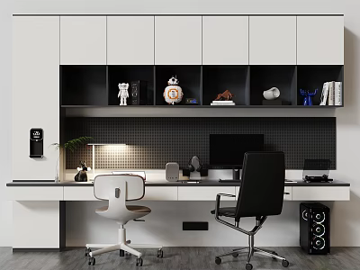 Modern Home Office Desk Featuring White Black Cabinets Chairs Monitor Lamp Plants Books 3d model