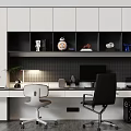 Modern Home Office Desk Featuring White Black Cabinets Chairs Monitor Lamp Plants Books