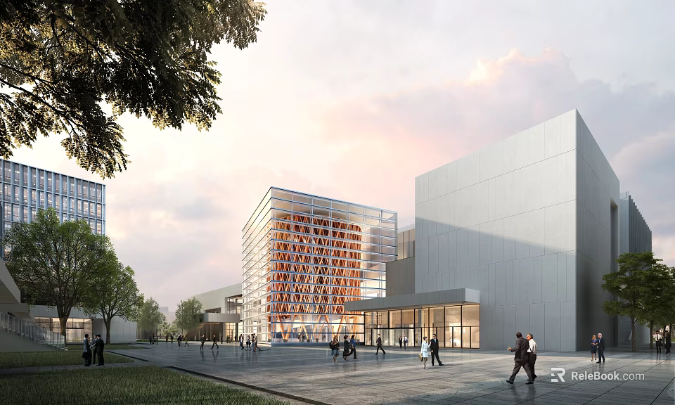 Modern Urban Plaza With Geometric Buildings Glass Facades Trees And People Walking 3d model 
