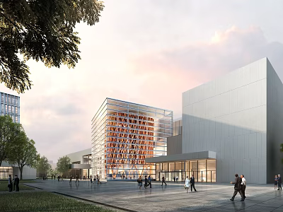 Modern Urban Plaza With Geometric Buildings Glass Facades Trees And People Walking 3d model