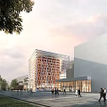 Modern Urban Plaza With Geometric Buildings Glass Facades Trees And People Walking