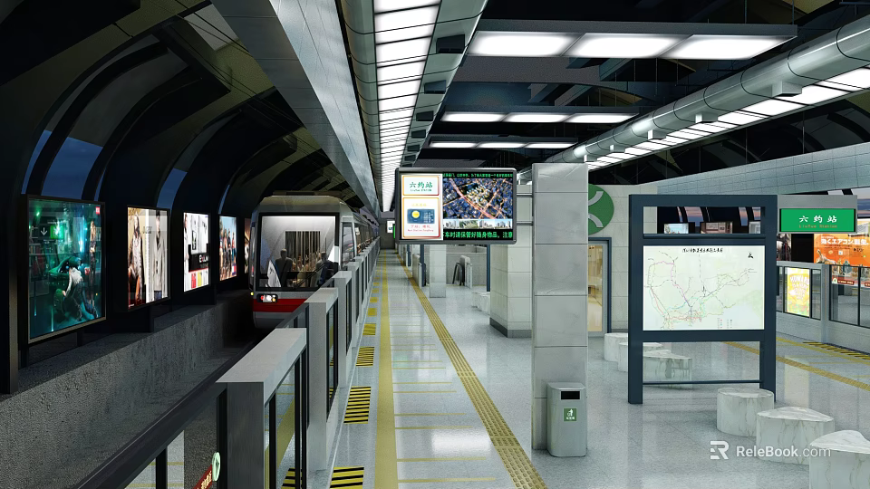 Subway Station Platform Interior With Subway Train Lighting Signage Yellow Safety Lines And Display Screens 3d model 