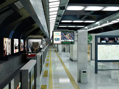 Subway Station Platform Interior With Subway Train Lighting Signage Yellow Safety Lines And Display Screens 3d model