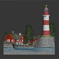 Cartoon Scene With Red And White Lighthouse Small Wooden Houses Pine Trees And Boat On Water
