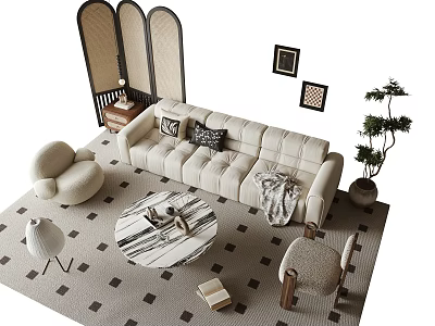 Modern Sofa And Coffee Table Set With Round Patterned Table Armchair Rug Decorative Paintings Plant 3d model