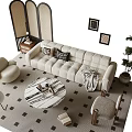 Modern Sofa And Coffee Table Set With Round Patterned Table Armchair Rug Decorative Paintings Plant