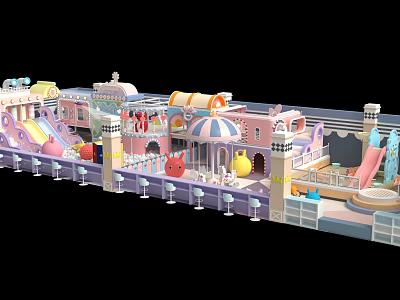 Colorful Pink Playground Equipment With Castle Shaped Structures Slides And Interactive Areas 3d model