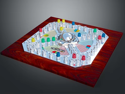 Board Game Layout With Wooden Base Colorful Pawns Silver Ball Grid And Text 3d model