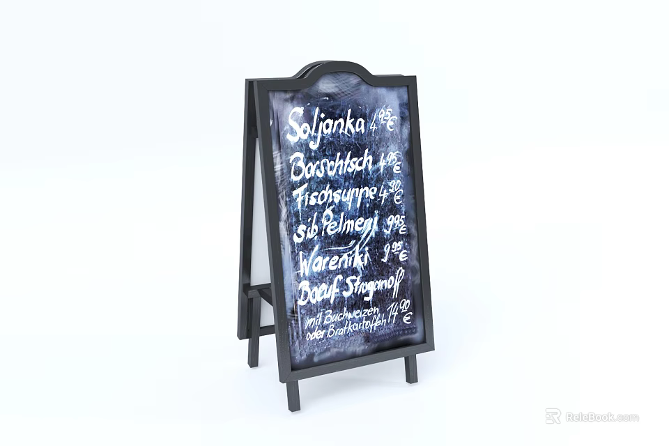 Chalkboard Sign With Breakfast Menu Tea Coffee Sandwiches Donuts And Prices 3d model 