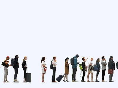 Group of Diverse People Standing in Line With Luggage Backpacks and Bags 3d model