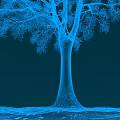 Scenic Blue Wireframe Tree Landscape with Line Structure and Reflection on Dark Background