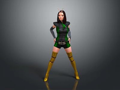 Game Movie Character In Green Black Outfit With Golden Long Boots And Horned Headpiece 3d model