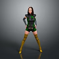 Game Movie Character In Green Black Outfit With Golden Long Boots And Horned Headpiece