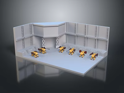 Weapons Equipped On Five Yellow Robots In White Hexagonal Room Setup 3d model