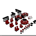 Stylish Dining Table Set With Red Upholstered Seats Round Tables Booth Sofas And Square Tables 3d model