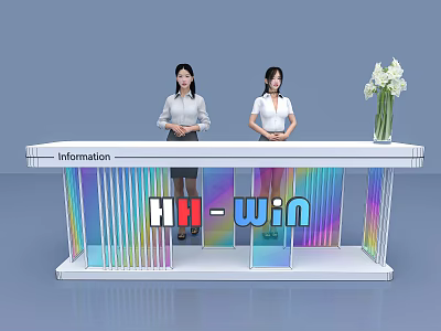 Modern Exhibition Reception Desk With Information Sign Staff And HH win Flower Vase 3d model
