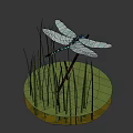 Blue and Black Dragonfly Perched on Branch with Green Reeds and Water Surface