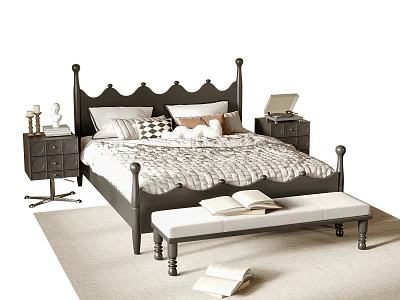 Classic Double Bed With Wooden Headboard Pillows Nightstands Lamp Laptop Bench Open Book And Light Rug 3d model