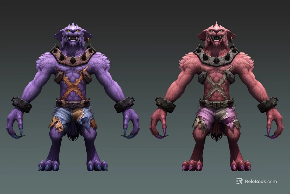 Purple And Red Monster Characters With Muscular Build Sharp Teeth Wrist Bands 3d model 