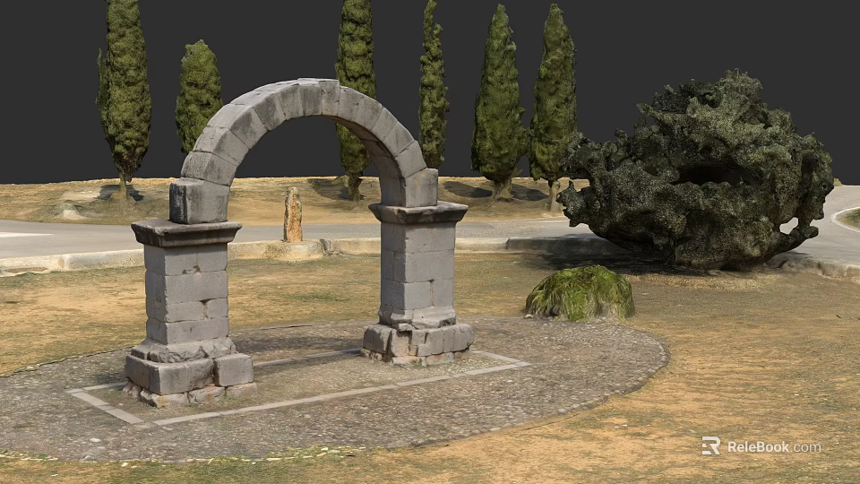 Classic Garden Landscape Featuring Stone Archway Tall Trees And Gravel Ground 3d model 