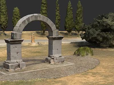 Classic Garden Landscape Featuring Stone Archway Tall Trees And Gravel Ground 3d model