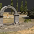 Classic Garden Landscape Featuring Stone Archway Tall Trees And Gravel Ground