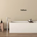 Modern White Bathtub with Poliform Logo Wooden Side Table and Faucet on Wooden Floor