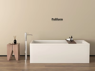 Modern White Bathtub with Poliform Logo Wooden Side Table and Faucet on Wooden Floor 3d model